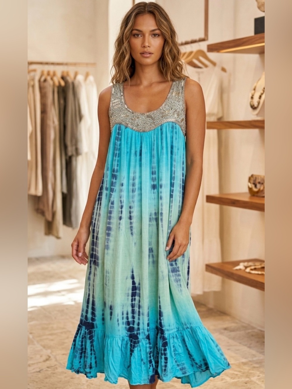 Sleeveless Aqua Tie-Dye Midi Dress with Embellished Neckline